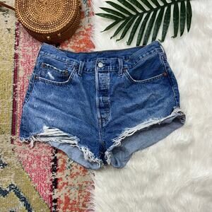 Levis Cut Off Jean Shorts 33 Button Fly Distressed Raw Edge Blue